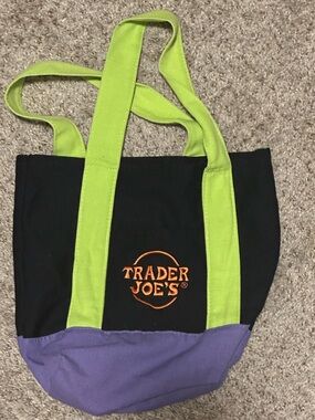 Trader Joe’s Black Canvas Tote with Green Handles and Purple Base